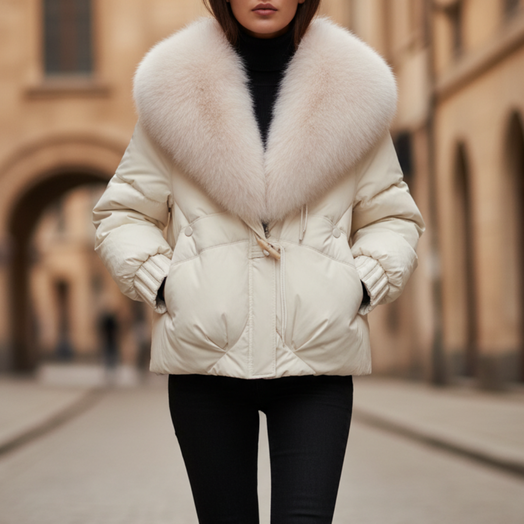 Women's short quilted down jacket black faux fur collar zip closure adjustable waist winter coat