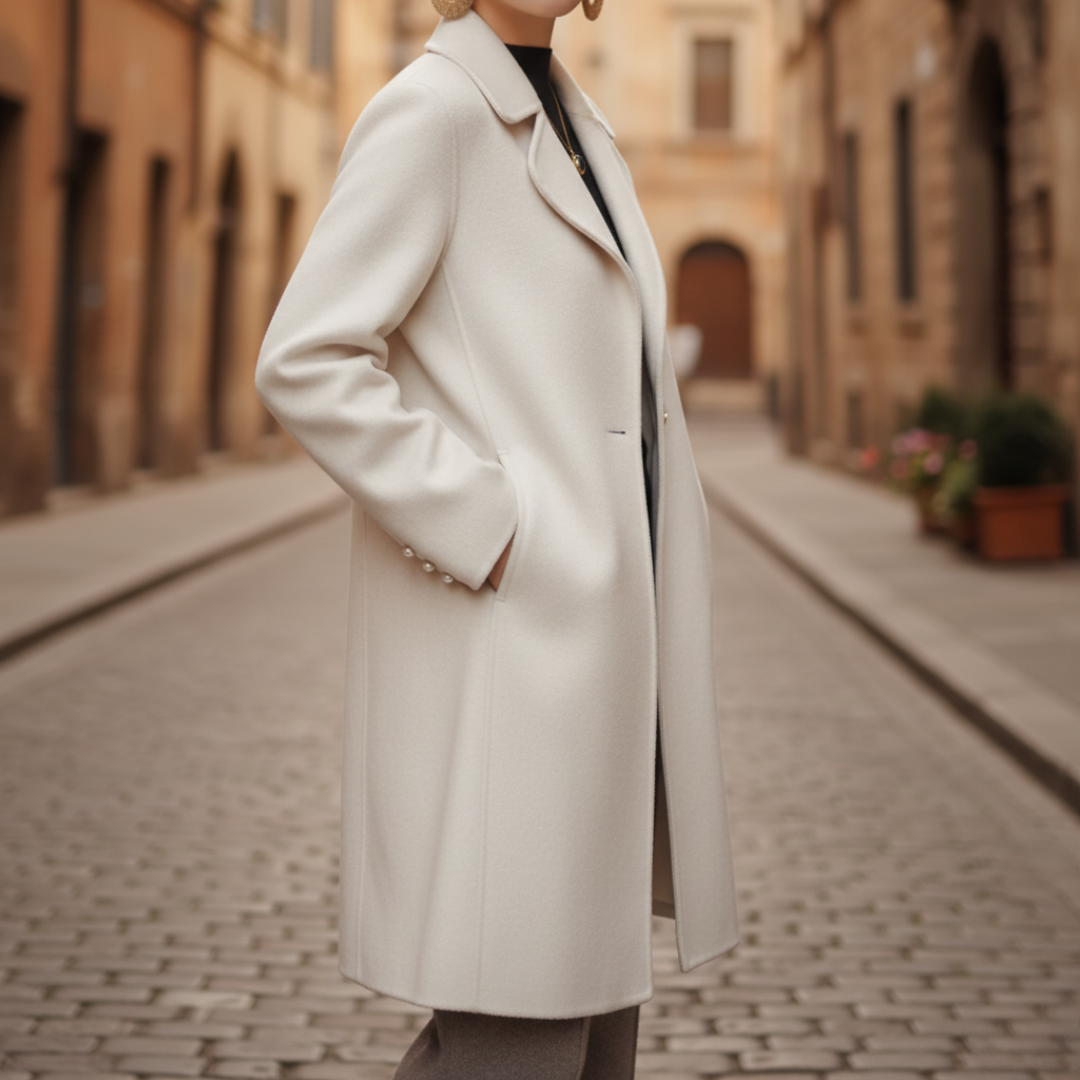 Women's short beige cashmere wool coat double-breasted closure elegant winter outerwear