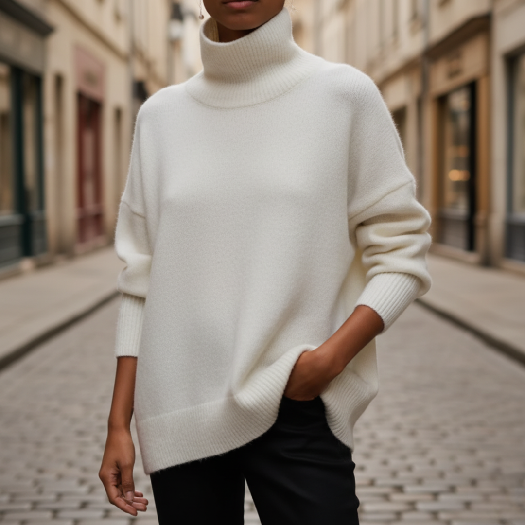 Women's cozy knit turtleneck sweater relaxed wide-fit silhouette for casual elegant layering