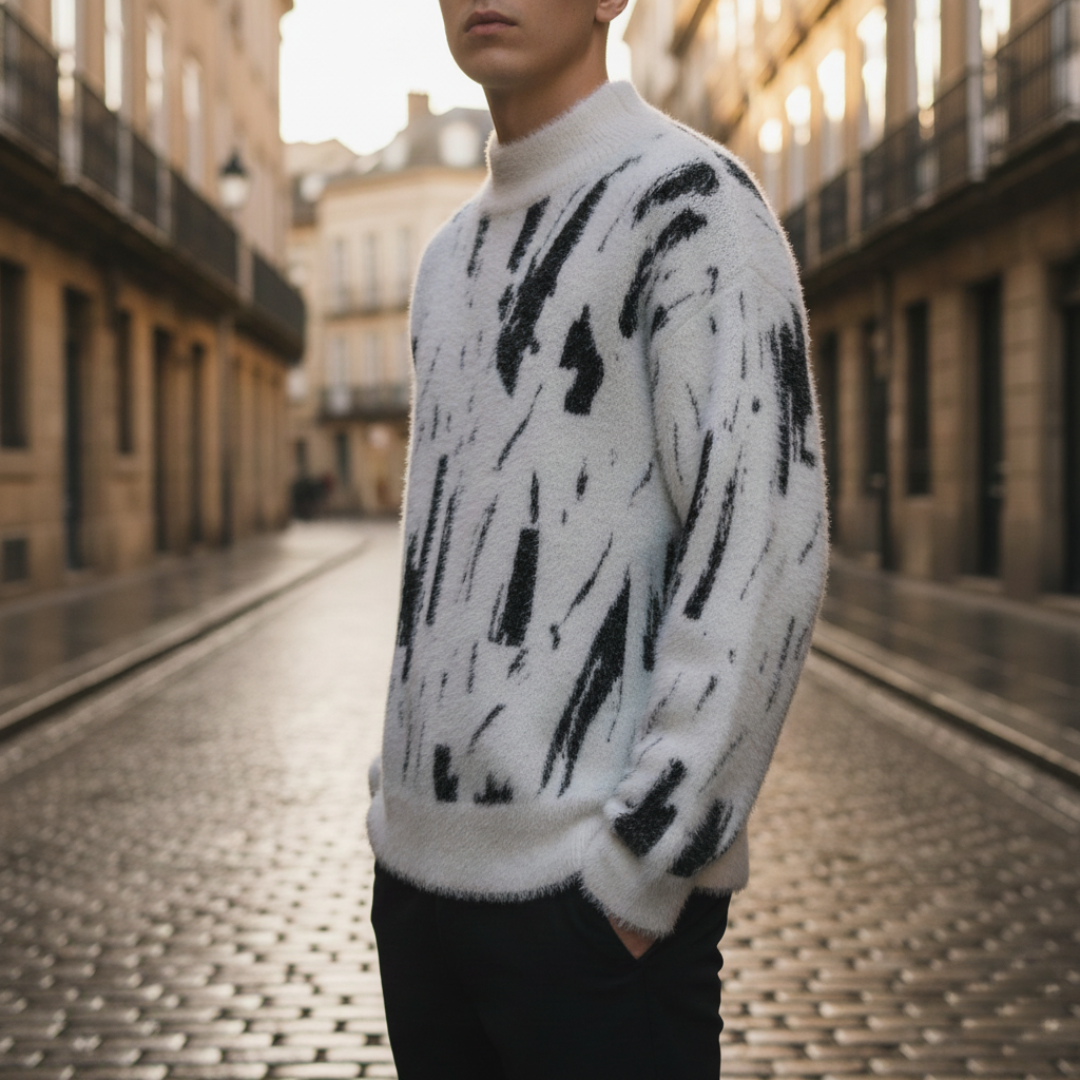 Men's turtleneck sweater abstract pattern relaxed fit cozy warm casual layering piece