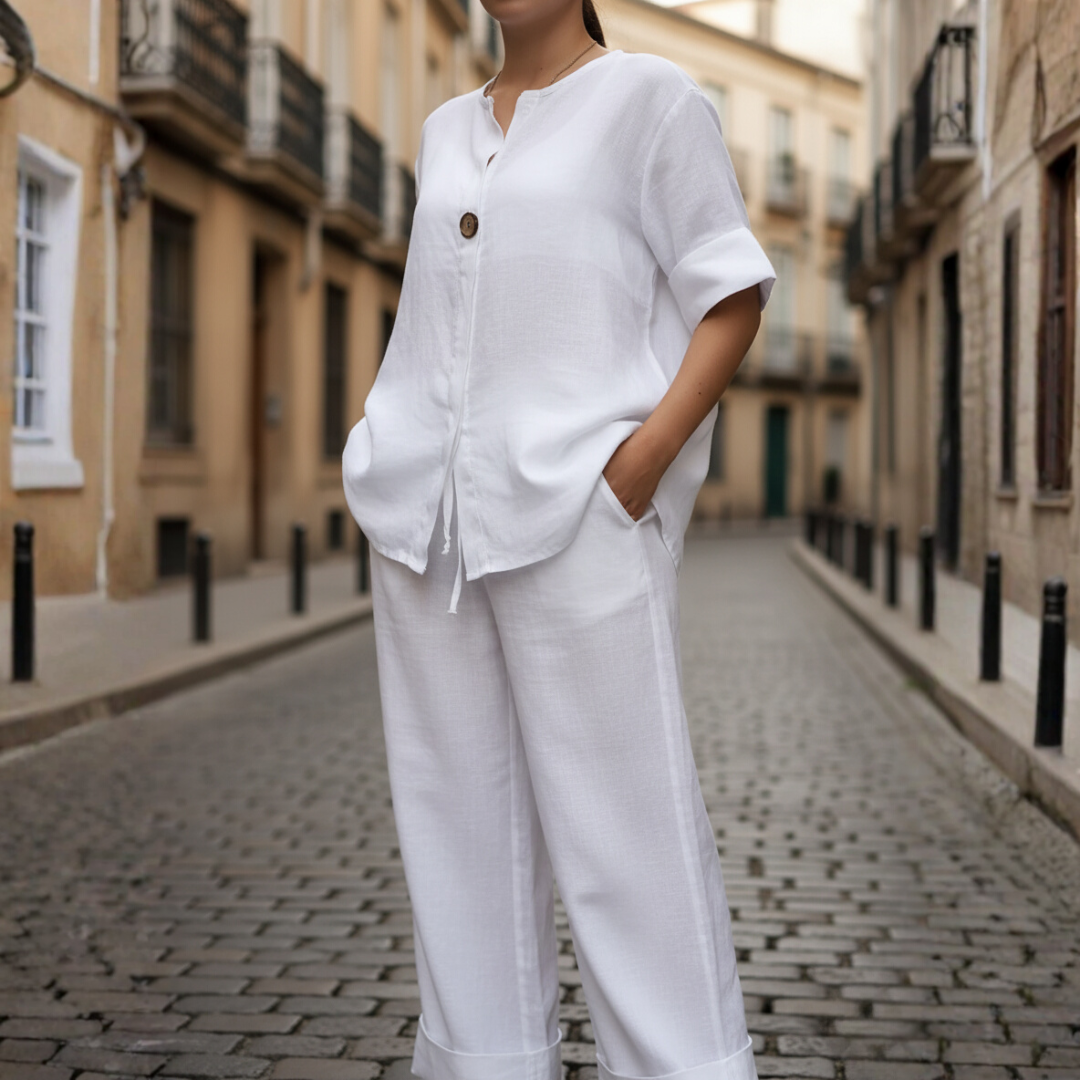 Women's linen set V-neck top with rolled sleeves and wide-leg pants, lightweight breathable summer outfit