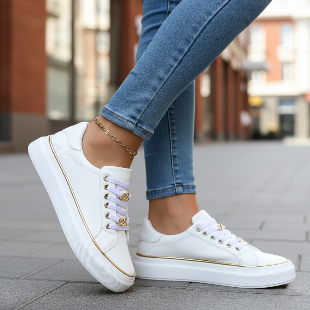Women white orthopedic sneakers with anatomical sole support, durable synthetic, low-profile daily wear style