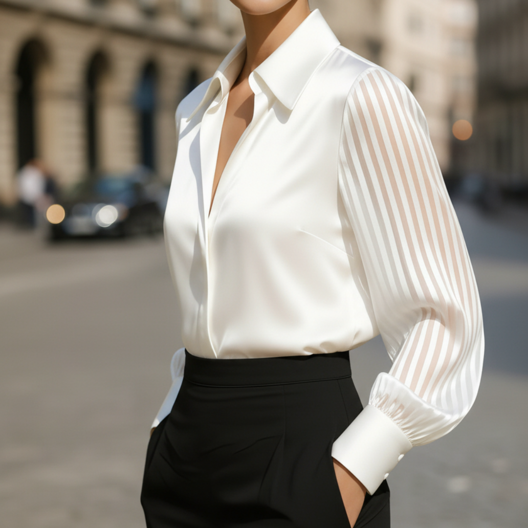 Women's fitted shiny polyester shirt with transparent striped sleeves, modern long sleeve design