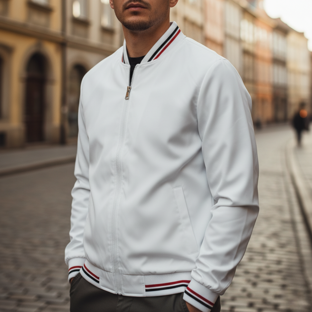 Men's black bomber jacket with zip closure and striped ribbed details for casual sporty style