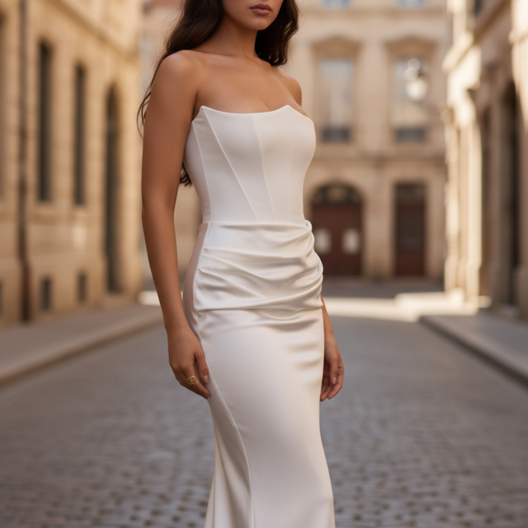 Women's sleeveless black satin fitted long gown elegant formal dress with glossy drape silhouette