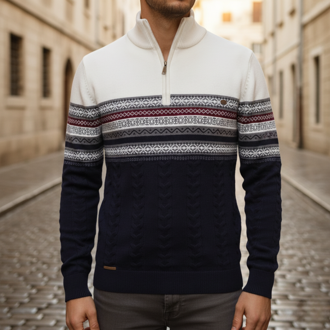 Men's half-zip sweater geometric patterned upper mixed fabric braided knit regular fit cold-weather pullover