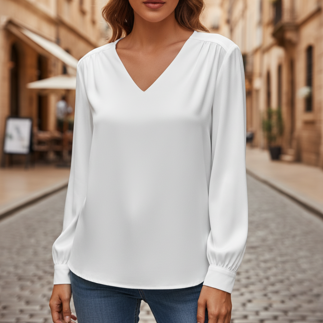 Women's satin long sleeve V-neck blouse, silky lightweight fabric with front closure polished fit