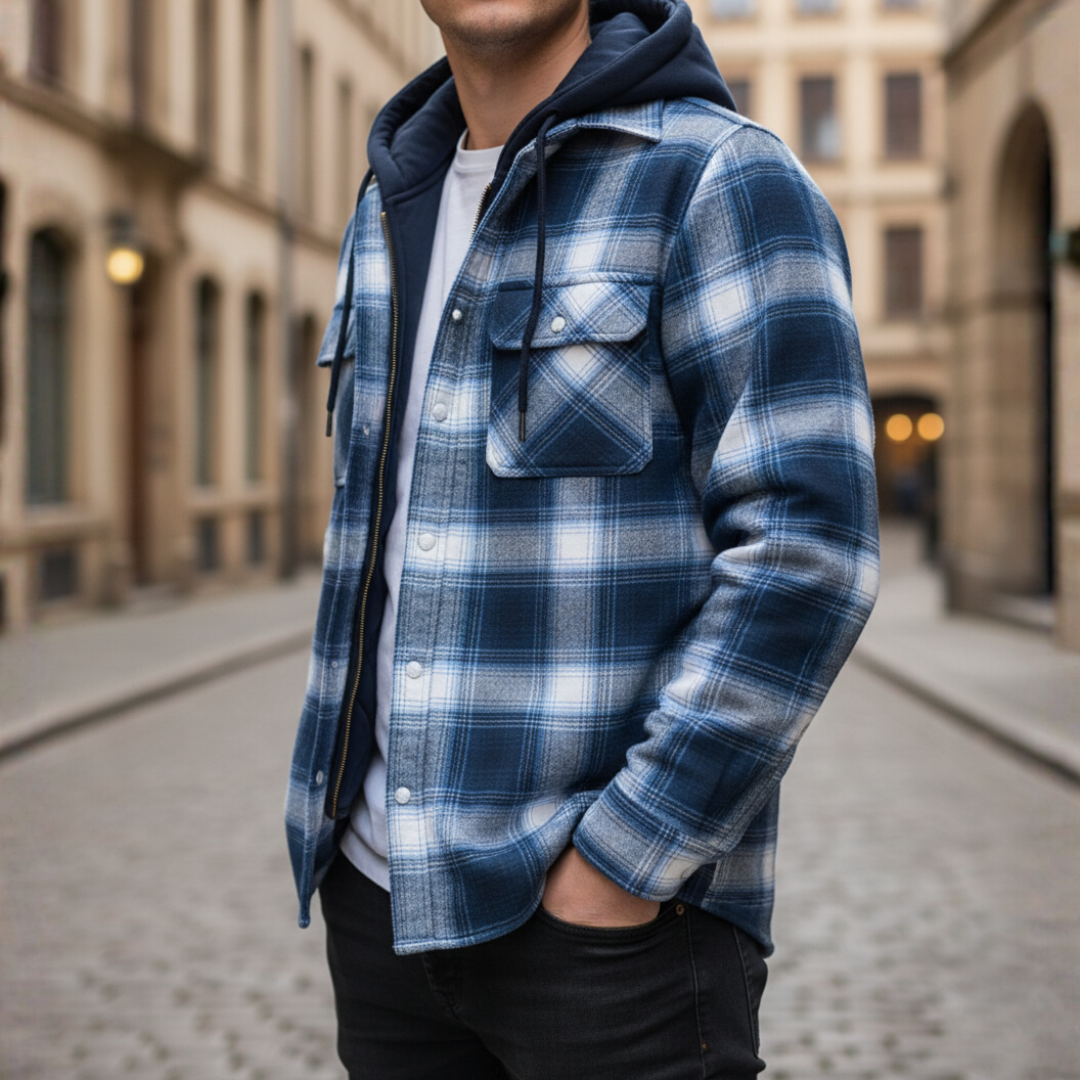 Men's checkered flannel hooded zip jacket with front pockets in blue black or beige casual fit