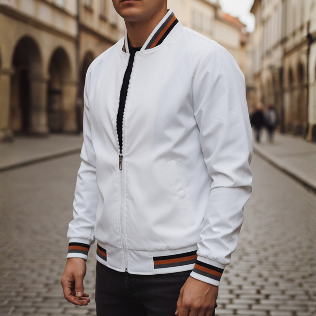 Men's green polyester bomber jacket with elastic cuffs and hem, casual lightweight outerwear for adult men