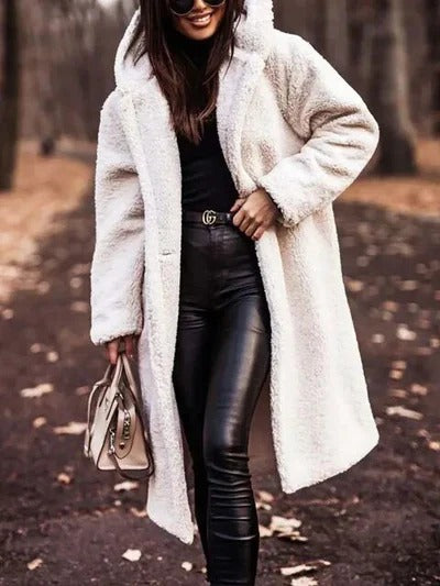 Women's insulated mid-length winter coat with high collar, belted waist, button-front closure