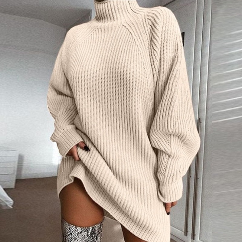 Women's chunky knit midi jumper dress with roll neck, relaxed fit, long sleeves for cool-weather styling