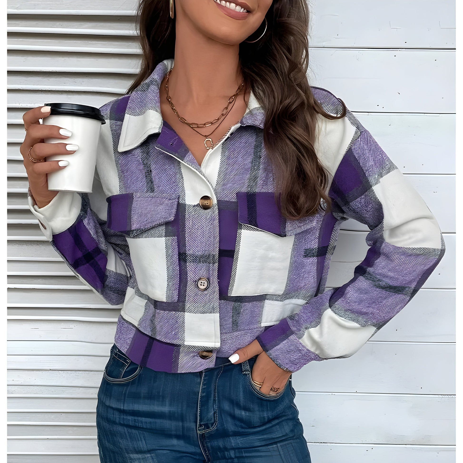 Women's plaid wash cropped jacket soft shoulder collar faux horn buttons patch pockets chic fit