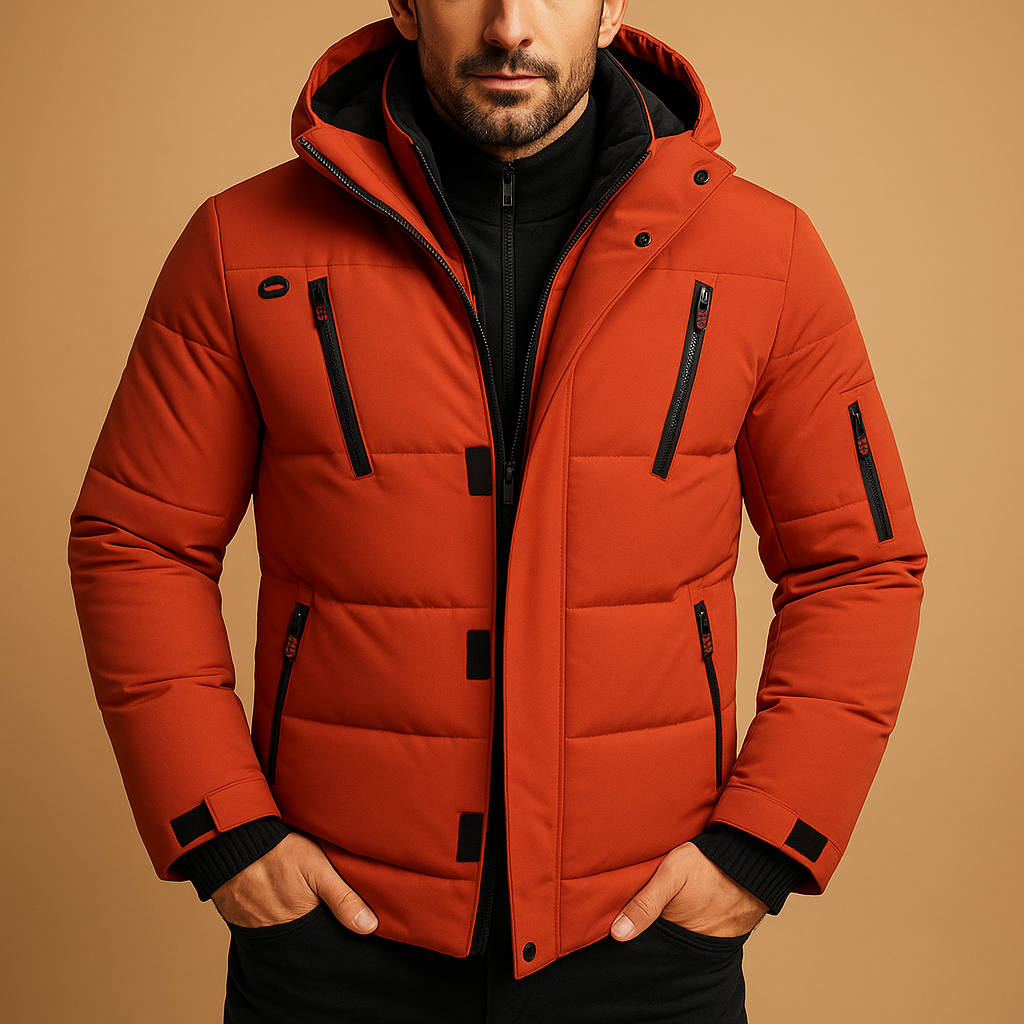 Men's heavyweight insulated winter jacket in weatherproof design with tailored silhouette for outdoor adventures