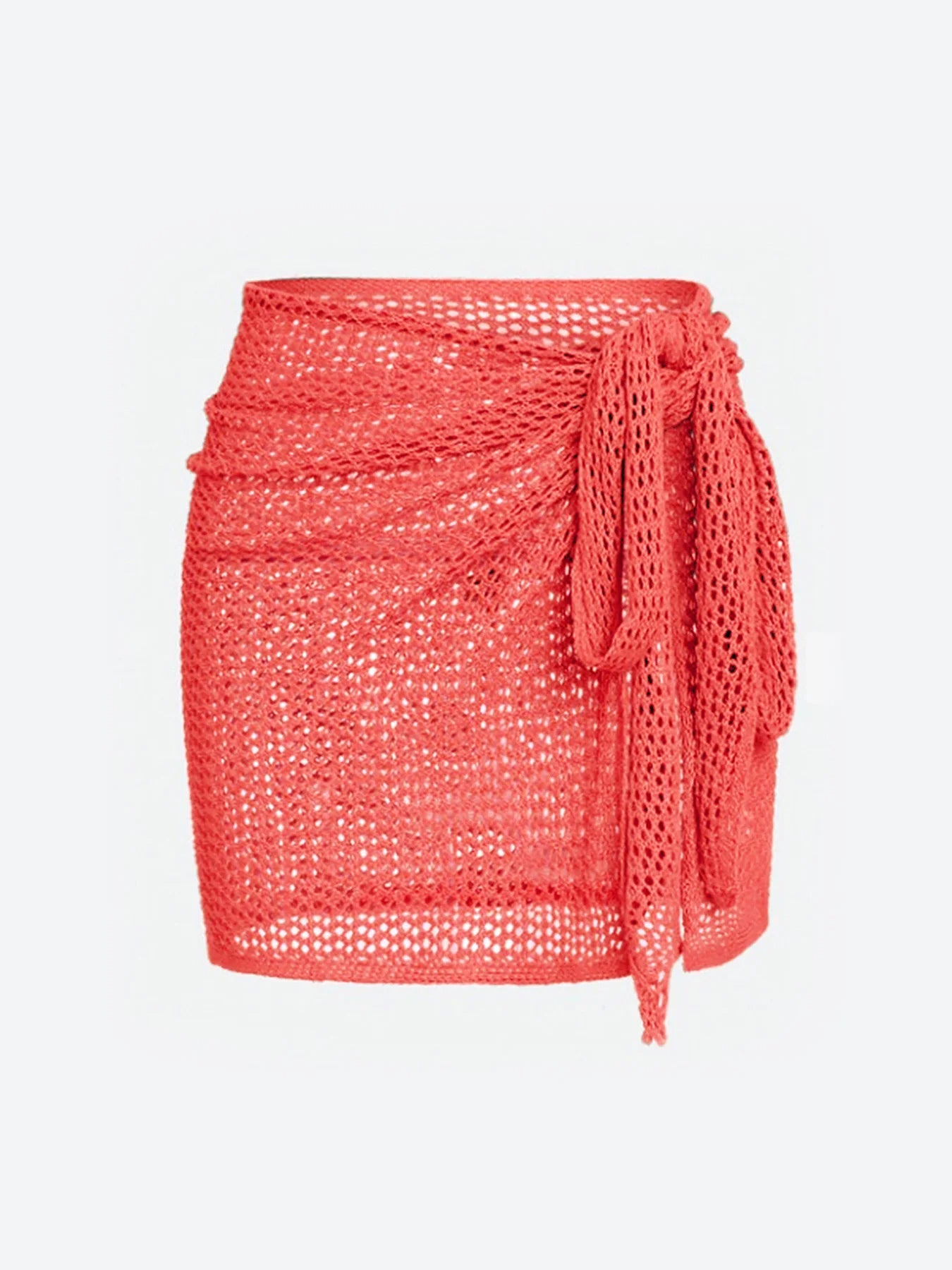 Women's sheer open-knit mesh beach cover-up skirt in neutral with adjustable tie waist
