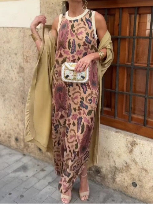 Women's elegant printed maxi dress two-piece set with flowing cape, A-line crew neck stretch polyester