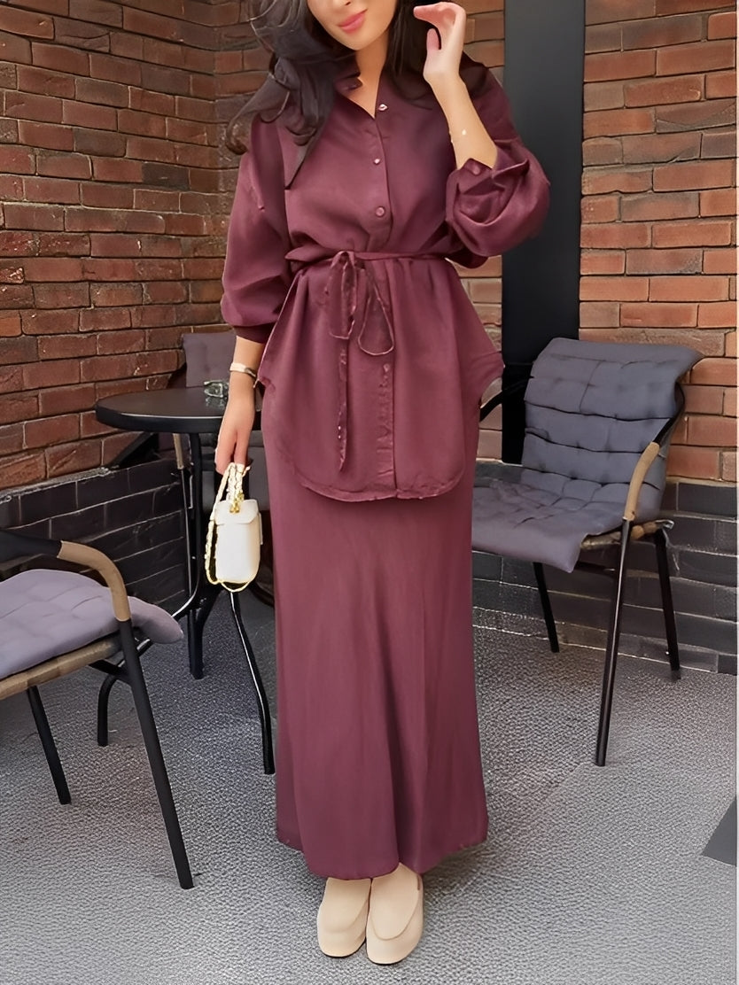 Women's casual tie-drawstring long sleeve shirt and skirt set in versatile everyday style with matching coord