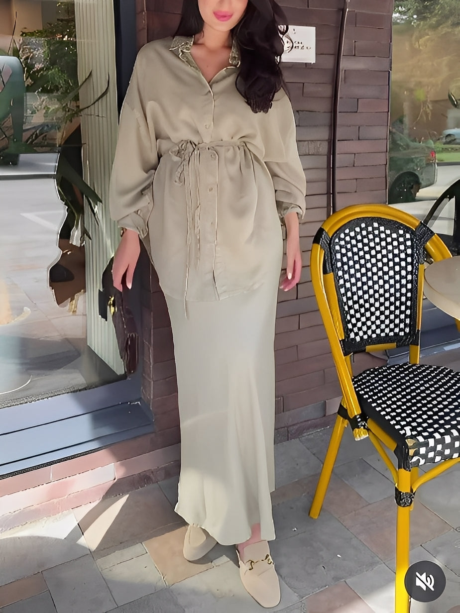 Women's casual long sleeve tie drawstring shirt and skirt set, versatile two-piece coordinated outfit