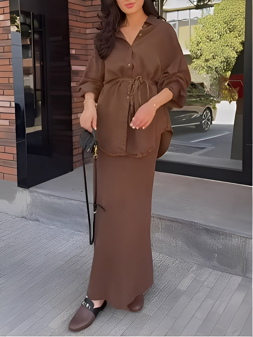 Women's casual long sleeve tie-drawstring shirt and skirt set in relaxed everyday style with coordinated fit