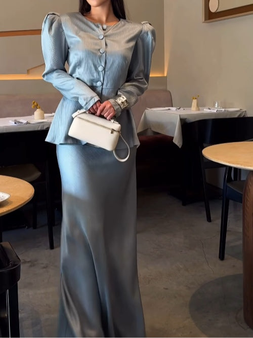 Women elegant puff sleeve crew neck skirt suit set with front button polyester office wear