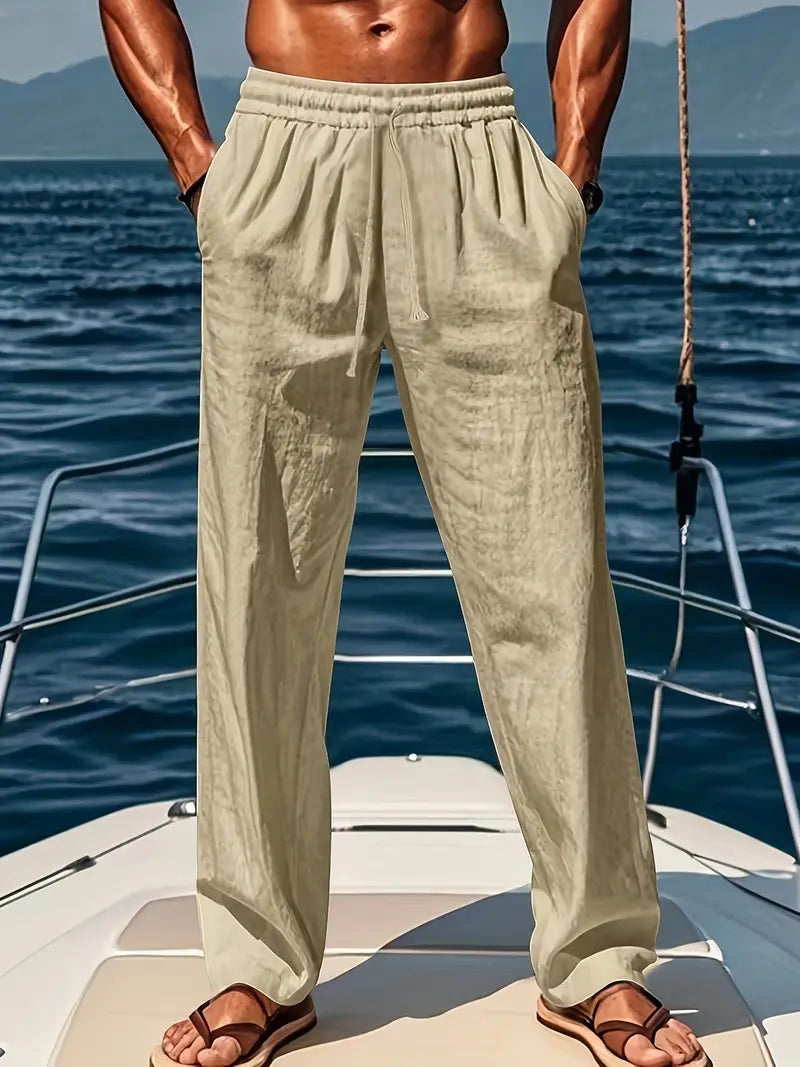 Men's breathable wide-leg linen trousers, relaxed summer fit with loose silhouette for travel