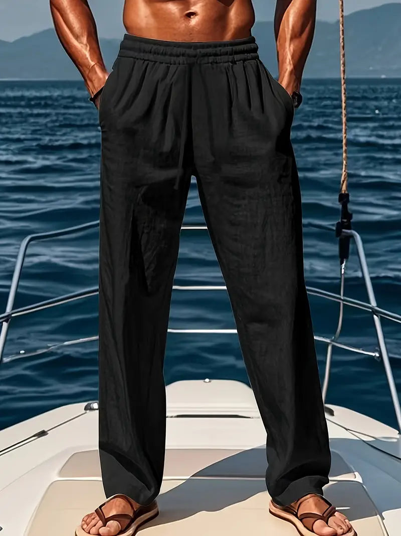 Men's wide-leg linen trousers in breathable fabric, relaxed summer fit with versatile casual style