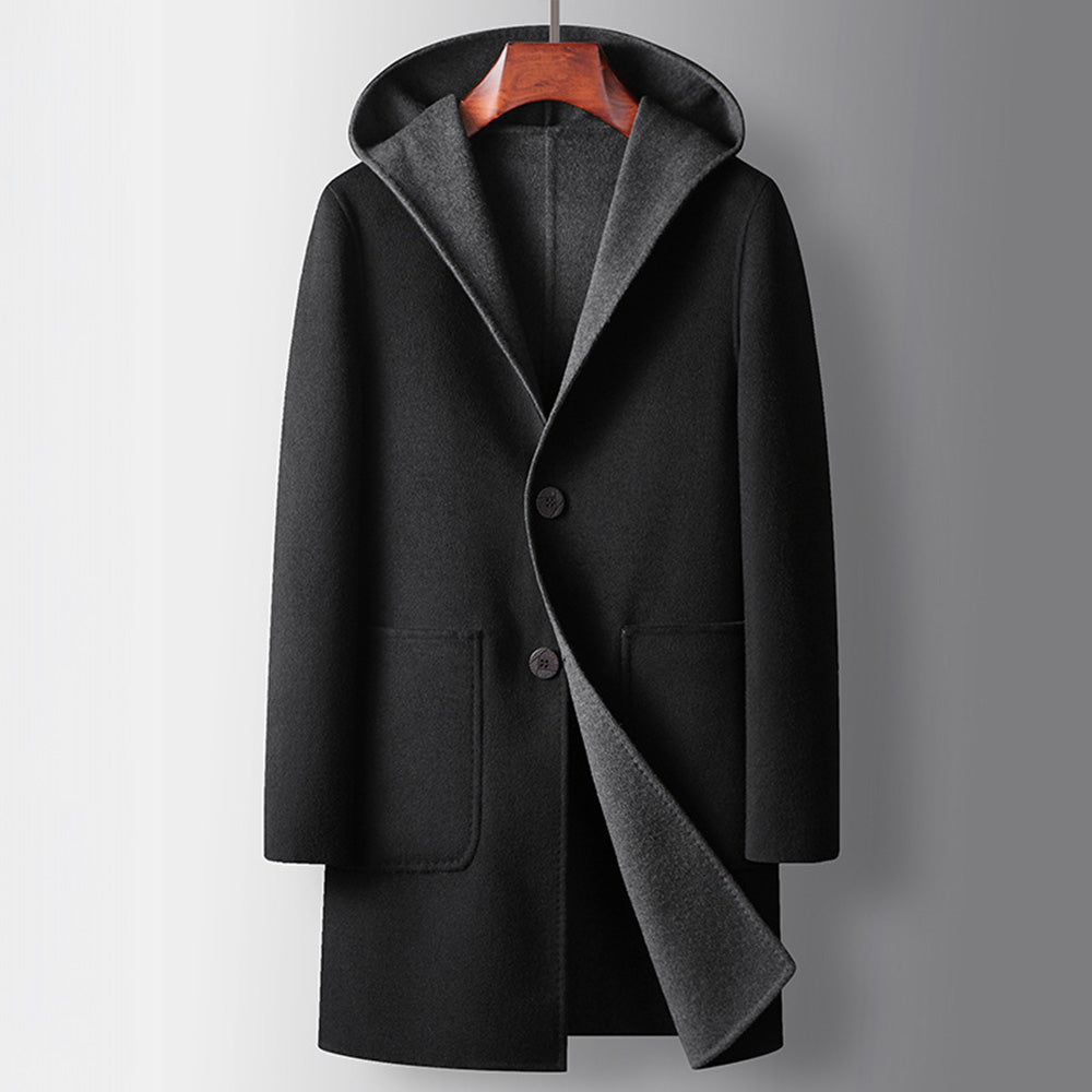 Men's gray wool blend hooded coat reversible button front mid-length with patch pockets