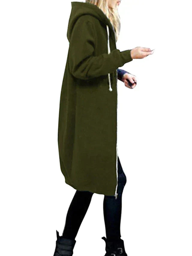 Women's knee-length zip-up hoodie in cozy style with elongated silhouette and front zipper closure