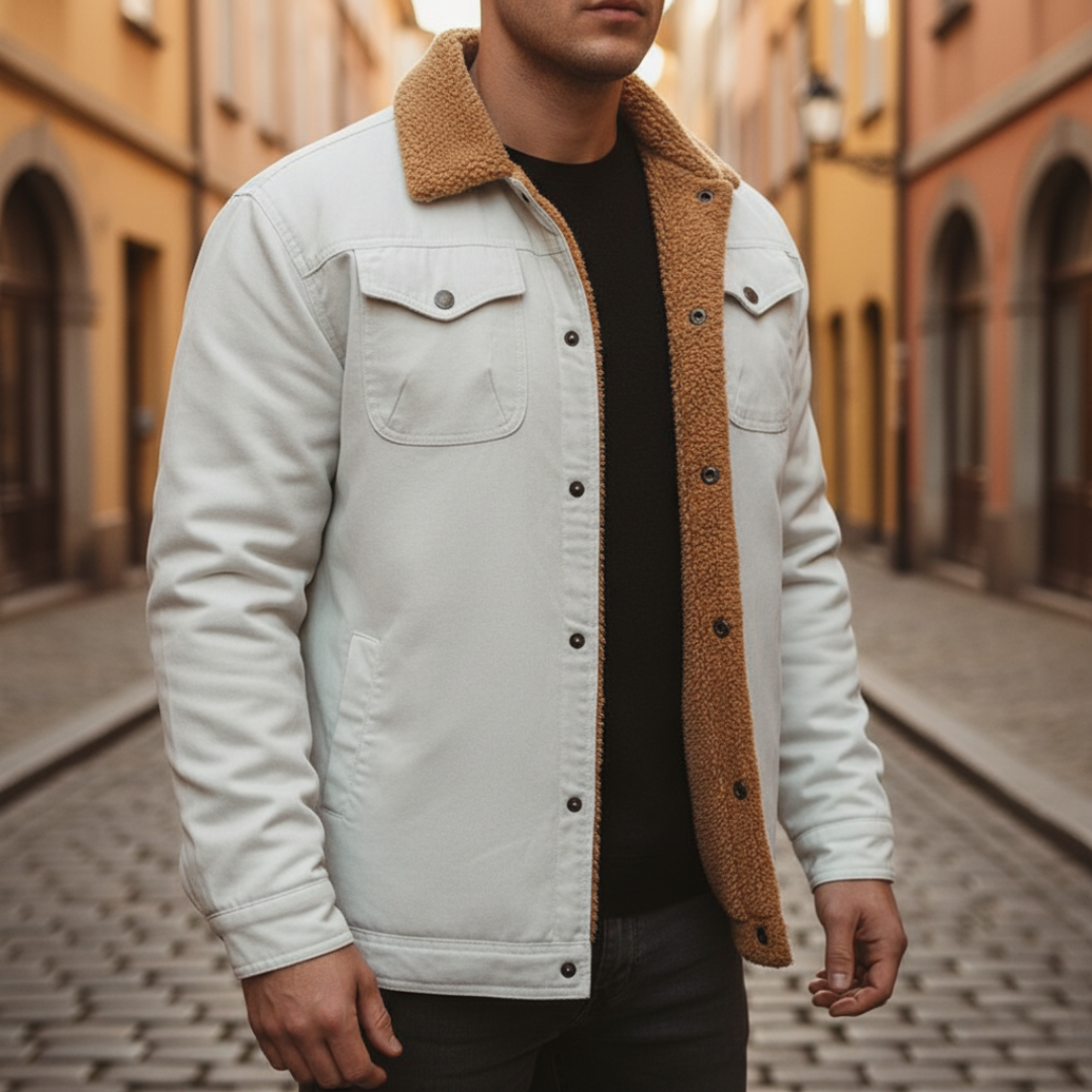 Men's winter jacket with internal fur lining, available in black, blue, green, beige, and brown