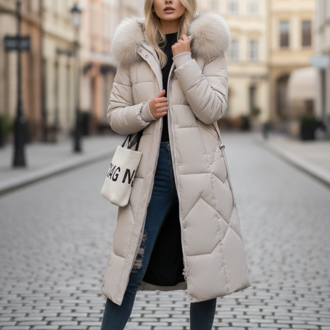 Women's black padded winter jacket with adjustable hood and plush fur collar for cozy all-weather style