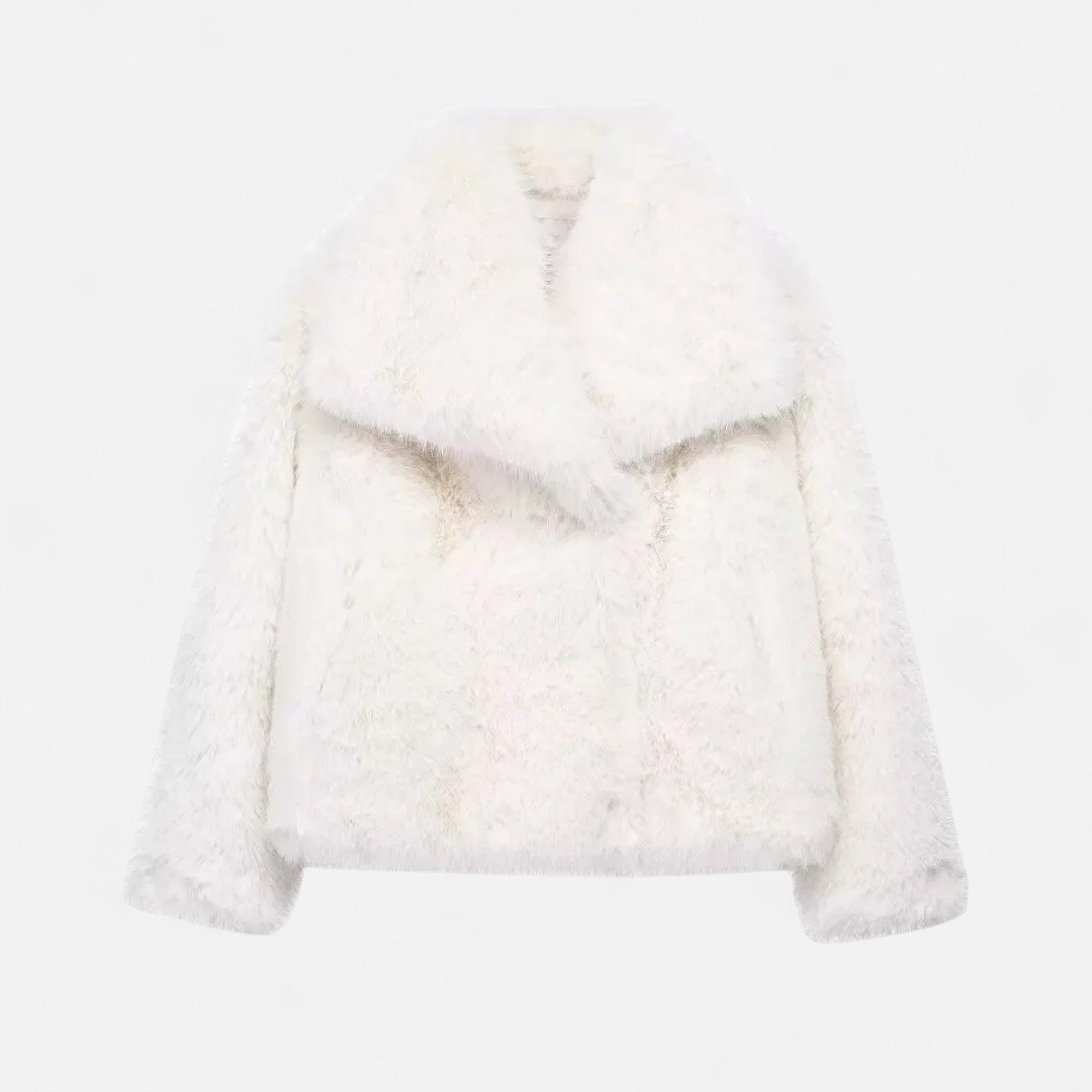 Women's cropped faux fur jacket with plush texture, oversized collar, chic style for day and evening wear