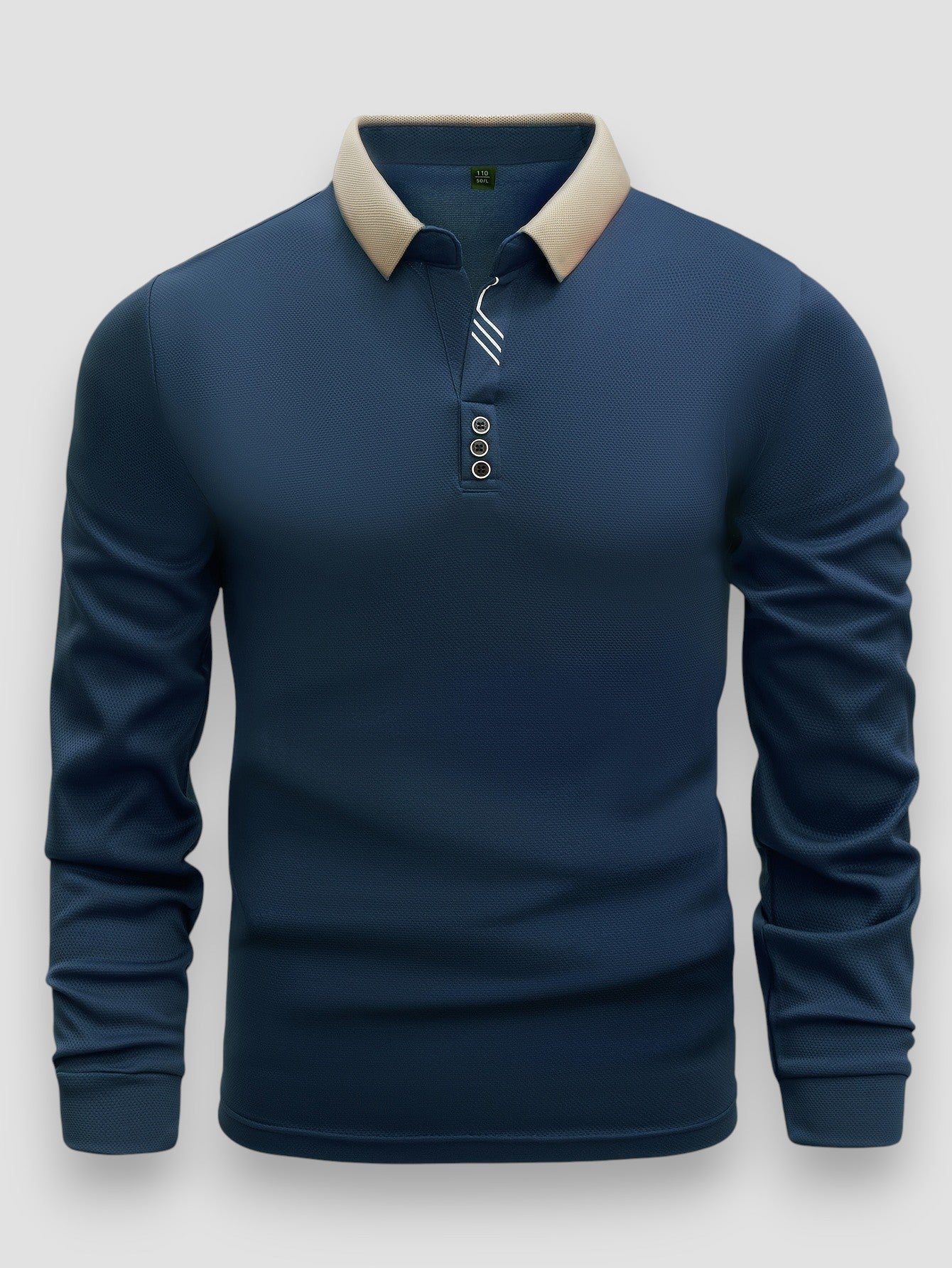 Men's navy stretch knit button-collar long sleeve shirt, modern tailored fit, three-button placket