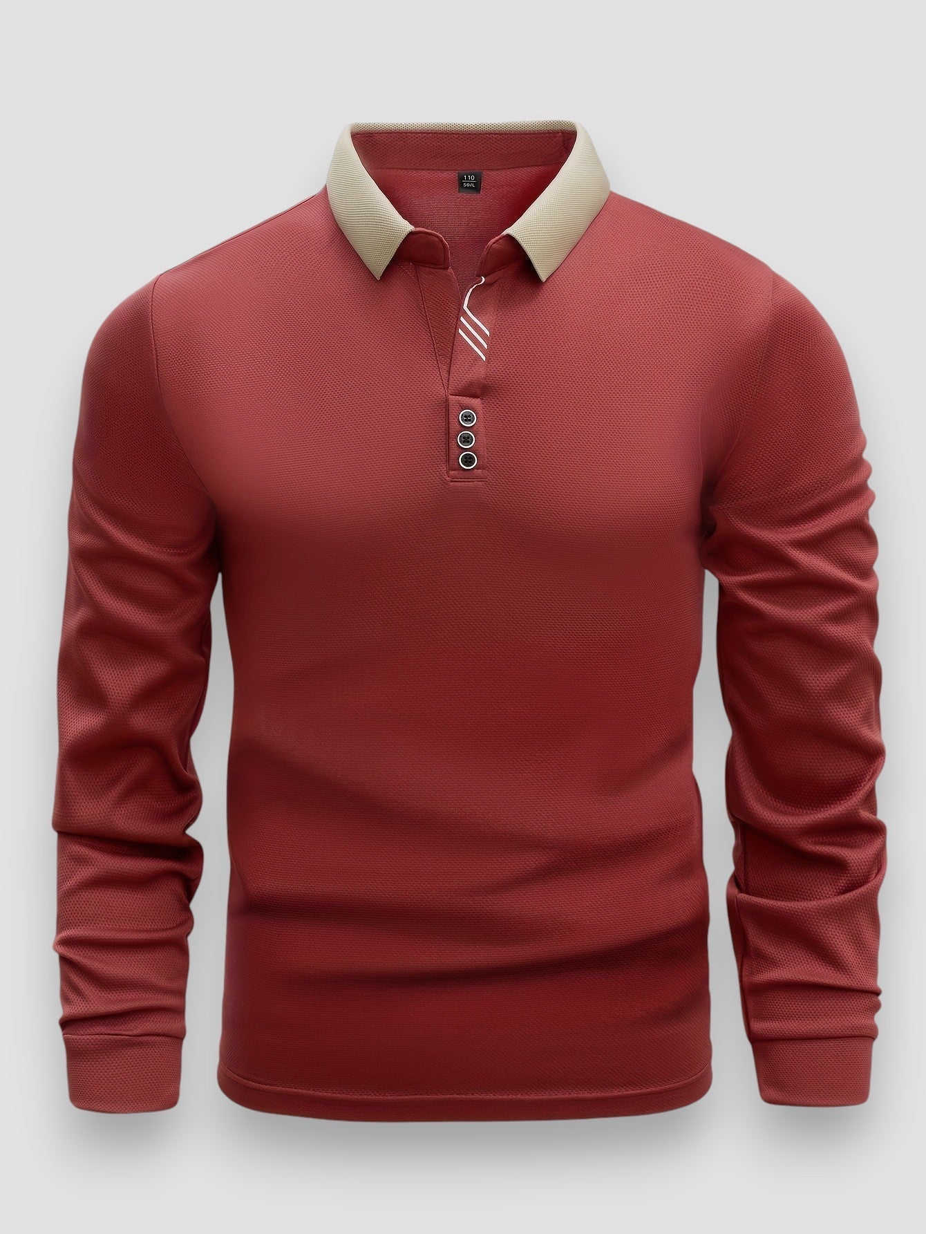 Men's white stretch knit button-collar long sleeve shirt with three-button placket modern tailoring