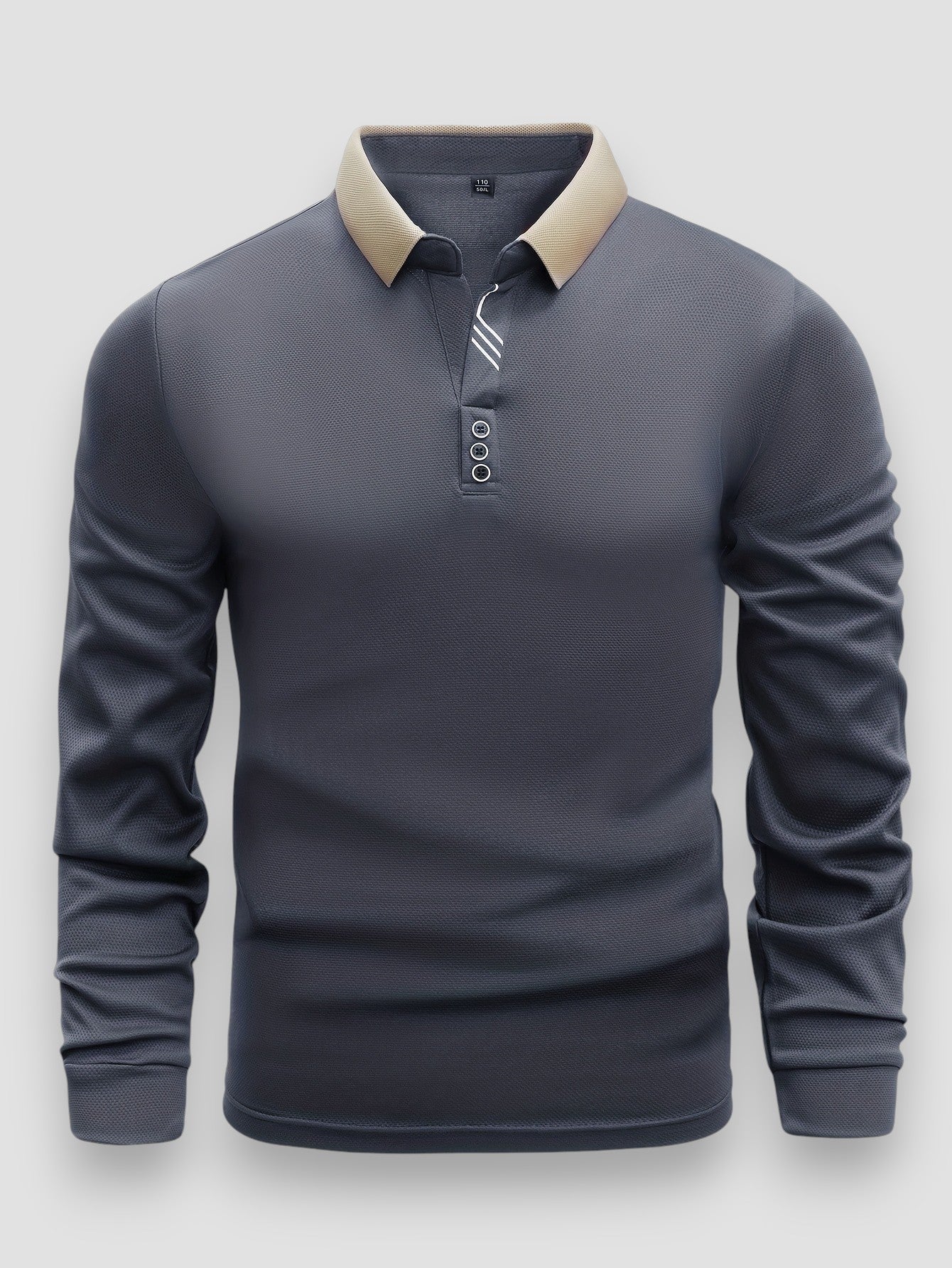 Men's navy stretch knit button-collar long sleeve shirt with modern tailoring slim fit