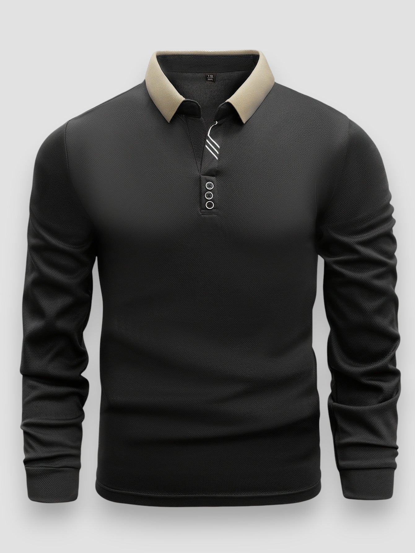 Men's navy blue button-collar long sleeve stretch knit shirt with three-button placket modern tailoring