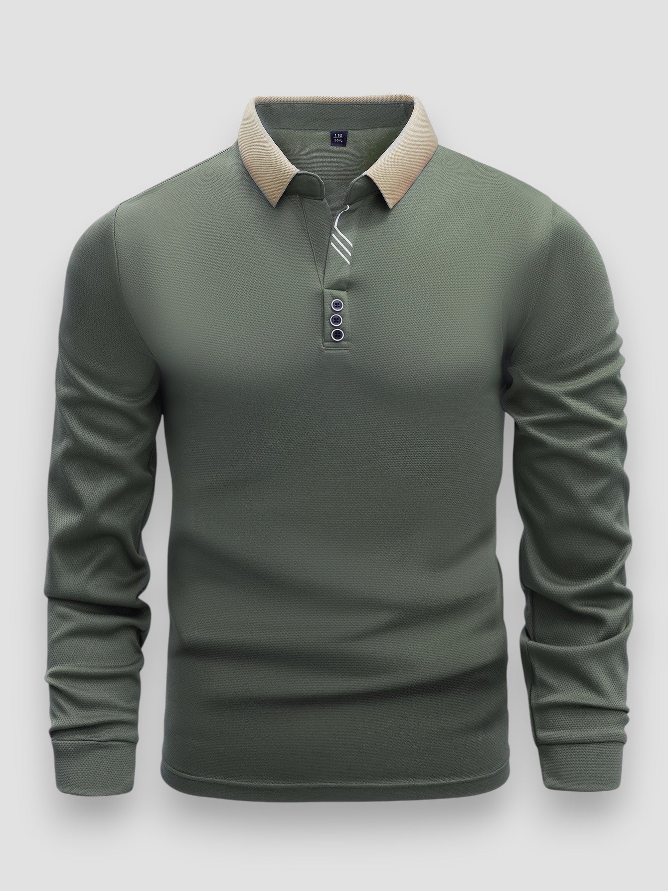 Men's navy stretch knit button-collar long sleeve shirt, modern tailored fit, three-button placket