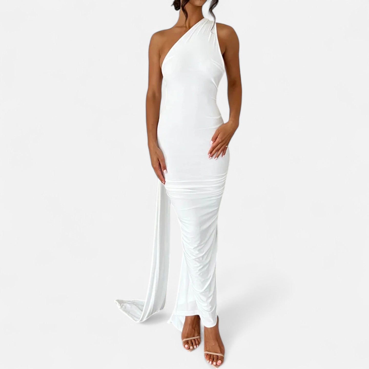 Black scarf-tier evening maxi dress with figure-flattering fit and elegant draped detail