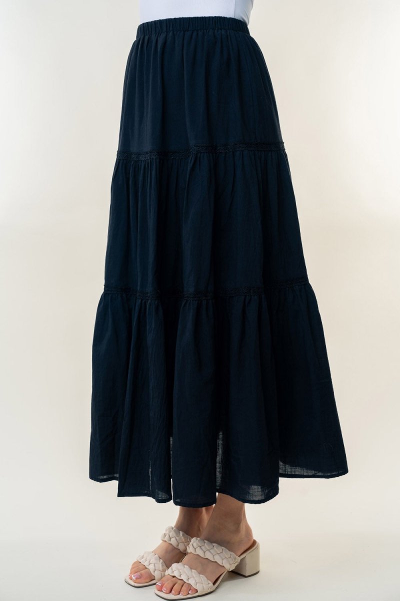 White high waisted tiered maxi skirt flowy boho floor length ruched cotton design
