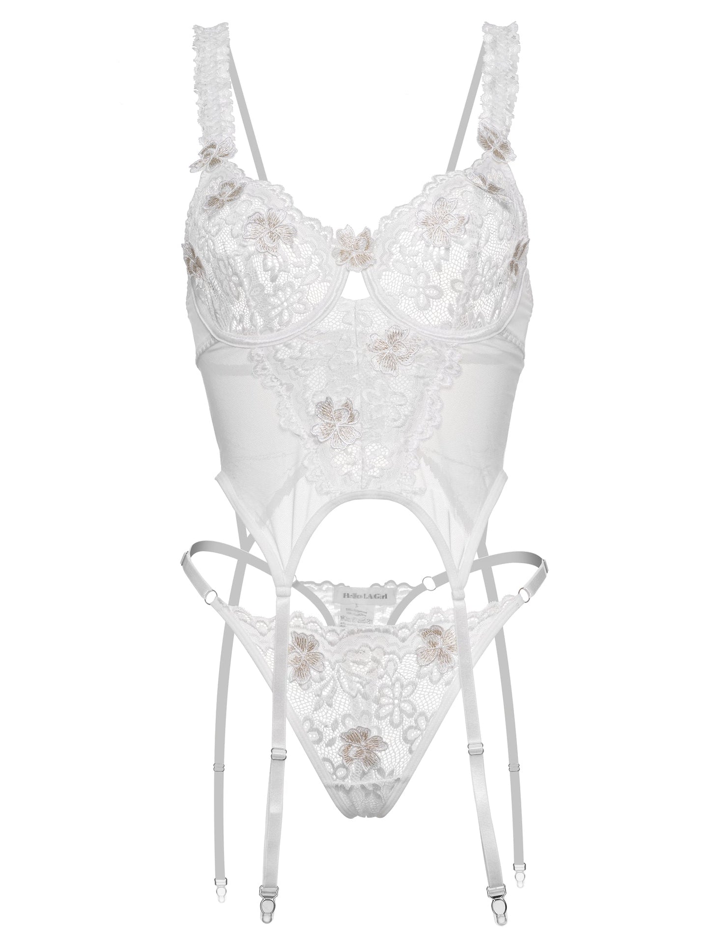 White vintage lace lingerie set with embroidered floral detailing, romantic boudoir bridal style