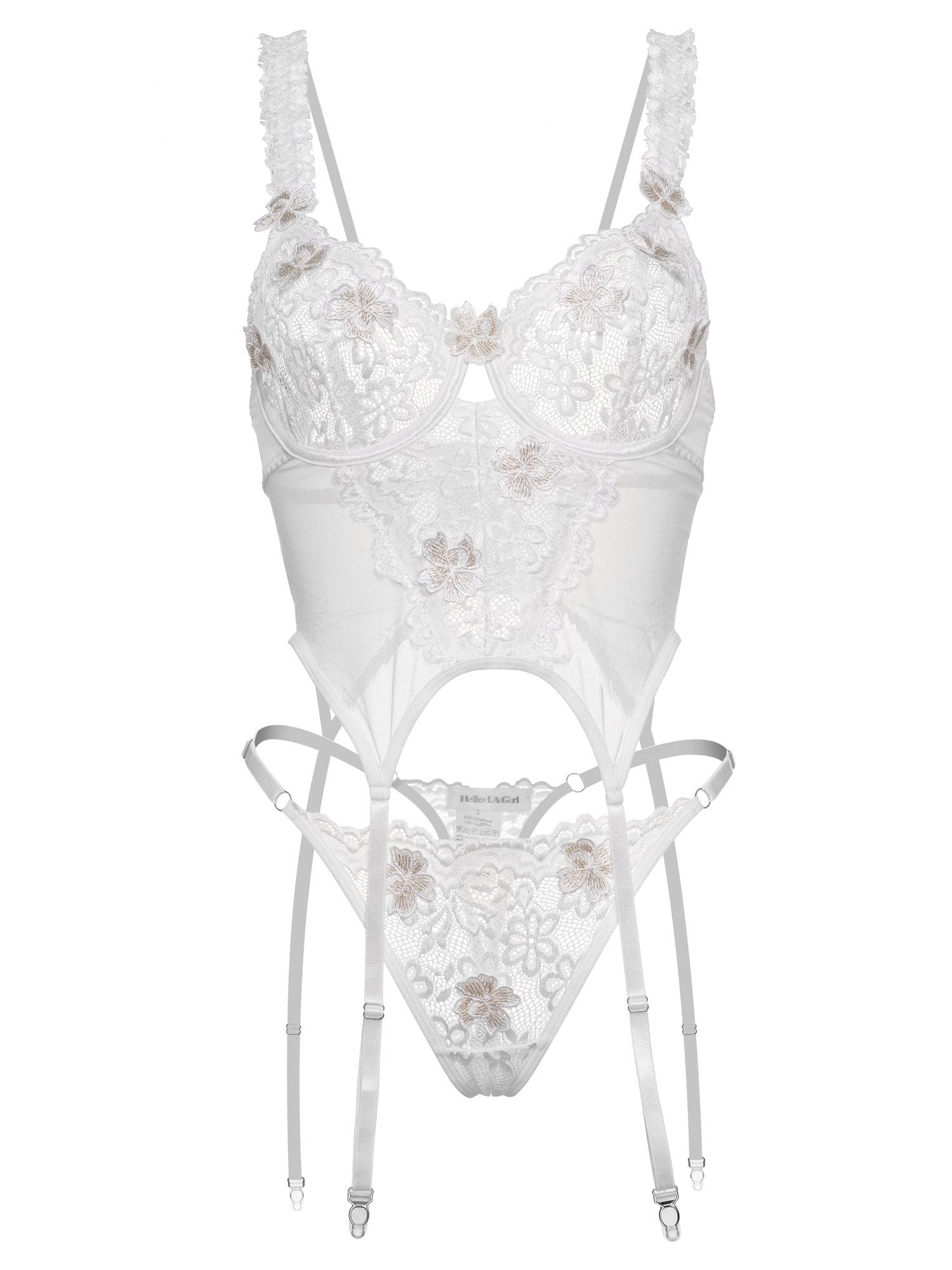 White vintage lace lingerie set with embroidered floral detailing, romantic boudoir bridal style