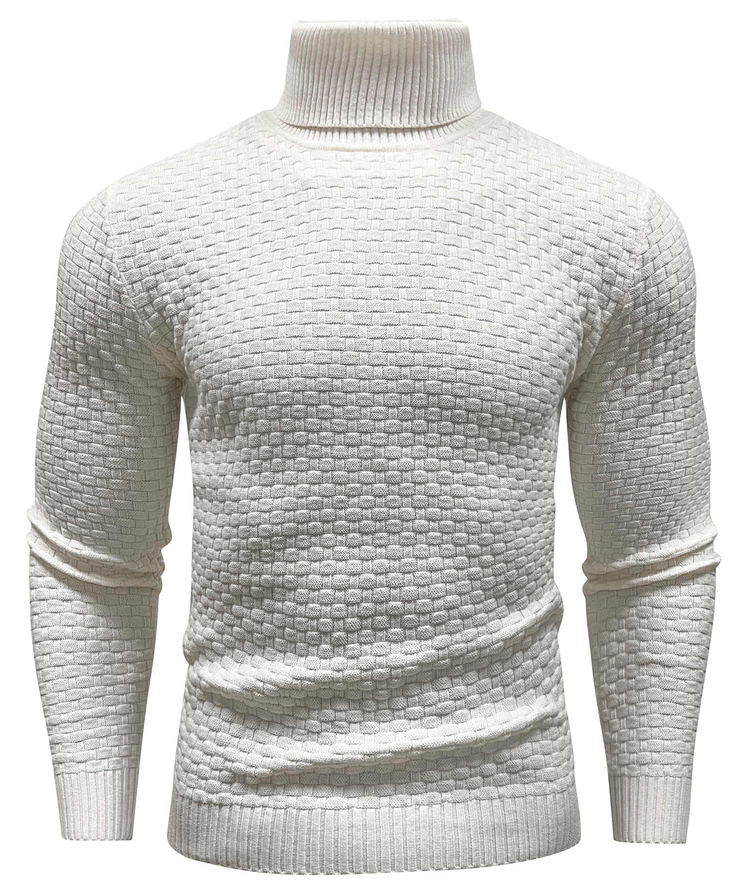 Men's slim fit turtleneck sweater with geometric pattern, ribbed finish, sophisticated casual style