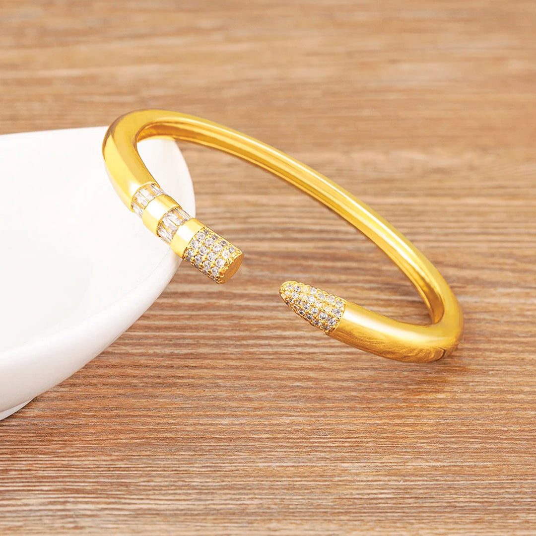 Gold plated pencil cuff bracelet with cubic zirconia inlays adjustable minimalist unisex bangle