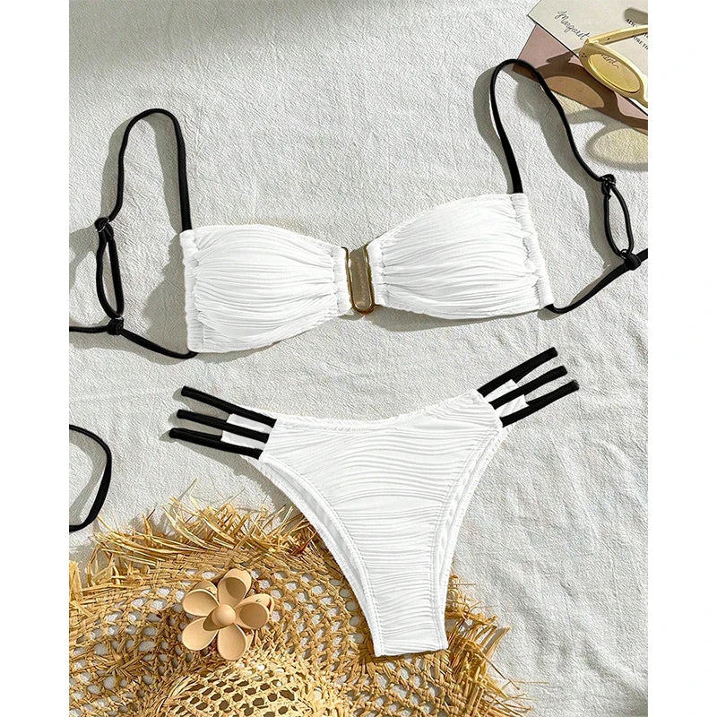 Tulum ruched bandeau bikini set boho beachwear soft stretch fabric with gold ring detail for women