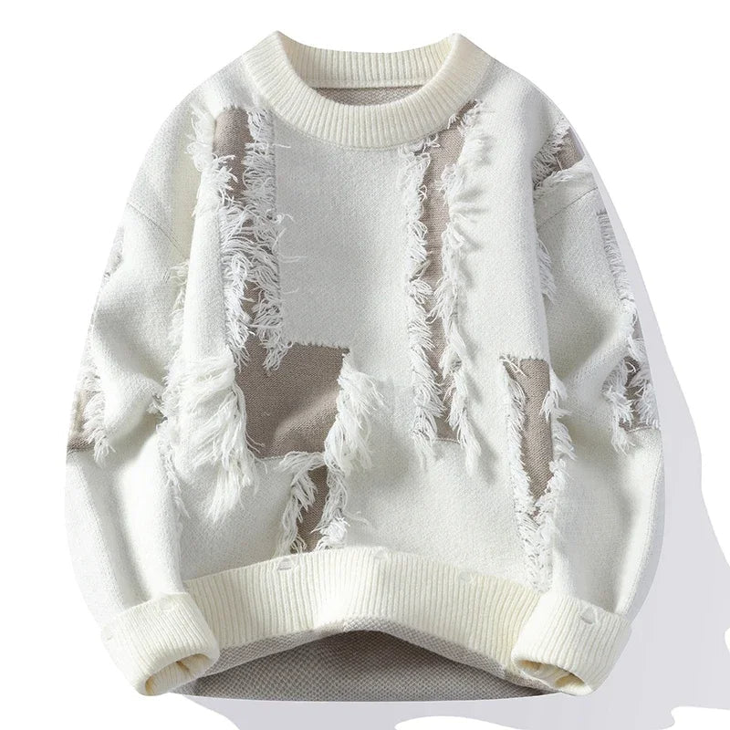 Distressed knit pullover relaxed fit with frayed detailing and bold color contrast for streetwear
