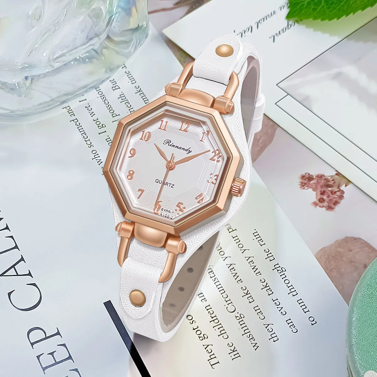 Bellezza Montre rose gold hexagon case women's quartz watch with leather strap