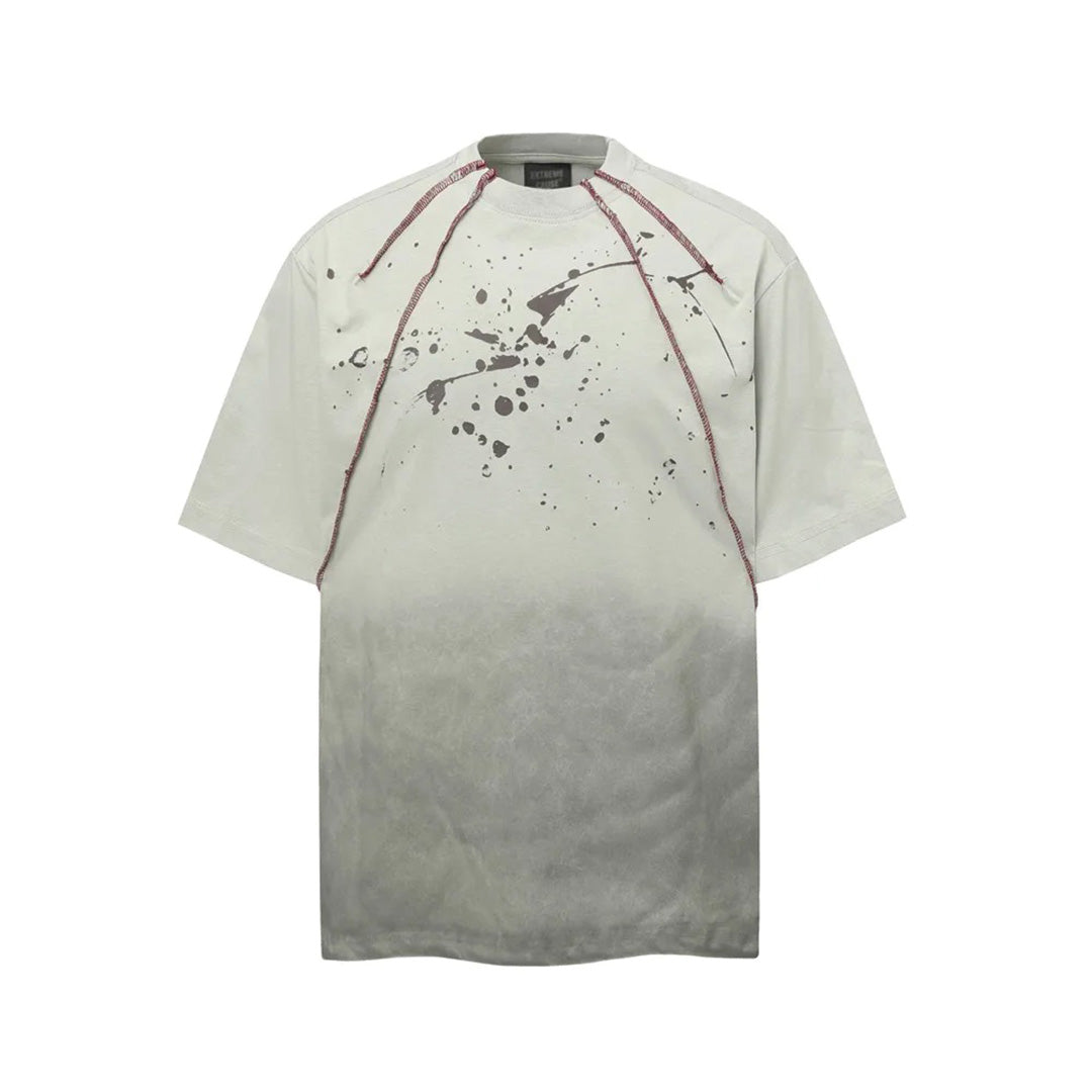 Black streetwear cotton T-shirt hand-printed splatter graphic jagged seam dystopian urban rebel style