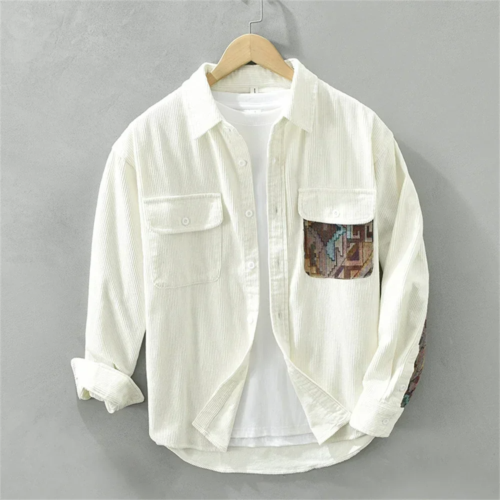 Men's relaxed fit corduroy shirt with mosaic patchwork panel detailing in multicolor vintage style