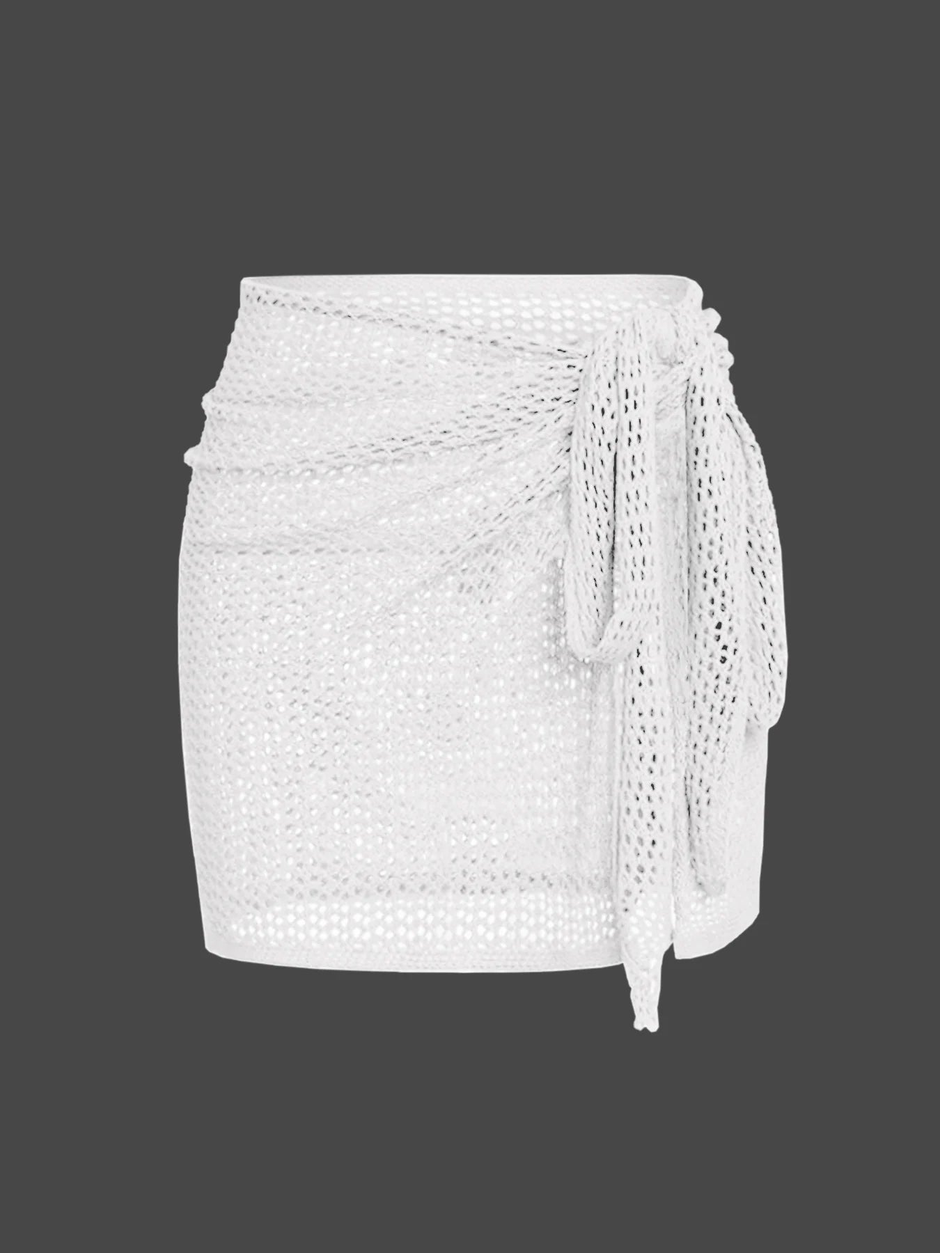 Women's sheer open-knit mesh beach cover-up skirt in neutral tone with adjustable tie waist