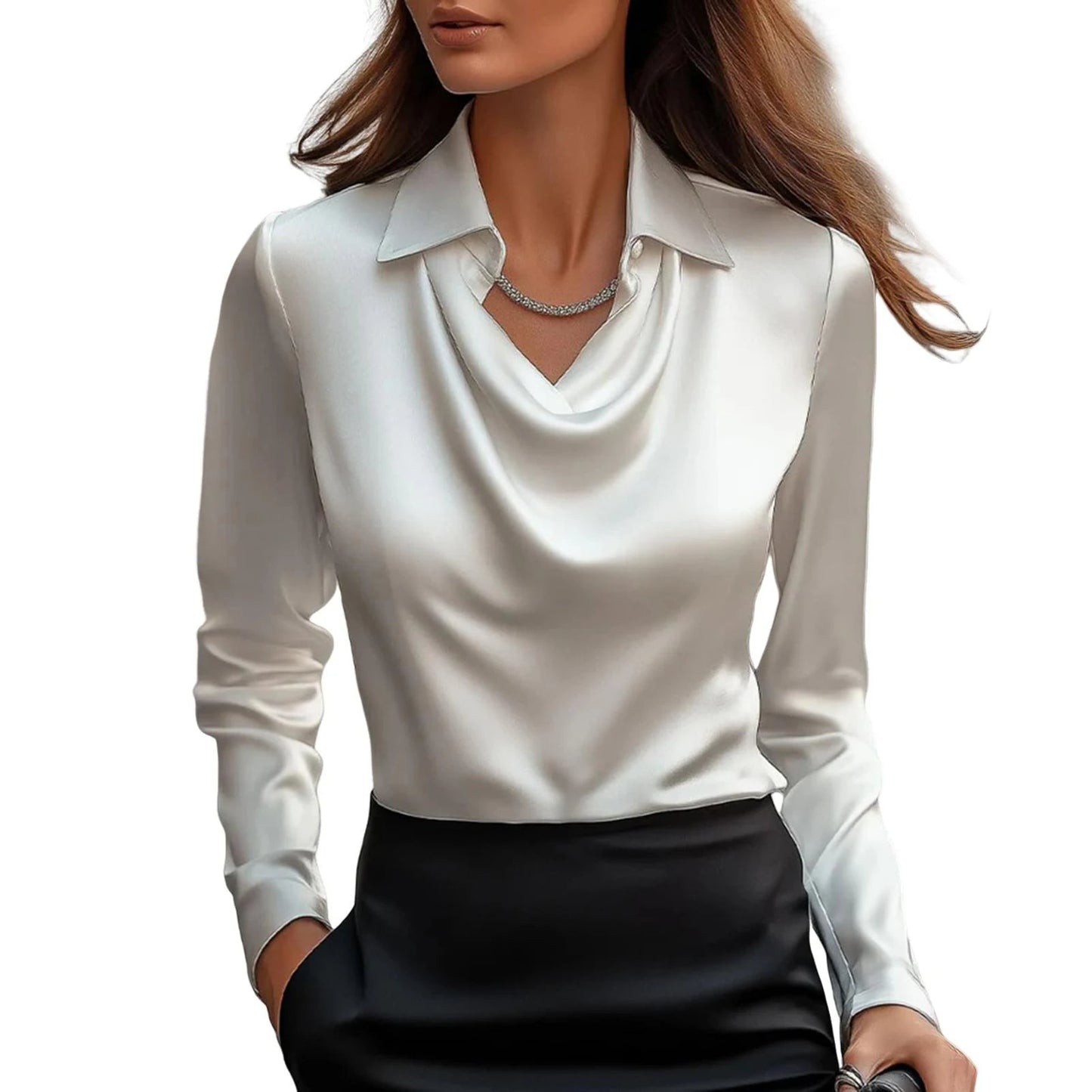 Ivory satin blouse silk-cotton blend sculpted cowl neckline professional office-to-evening top