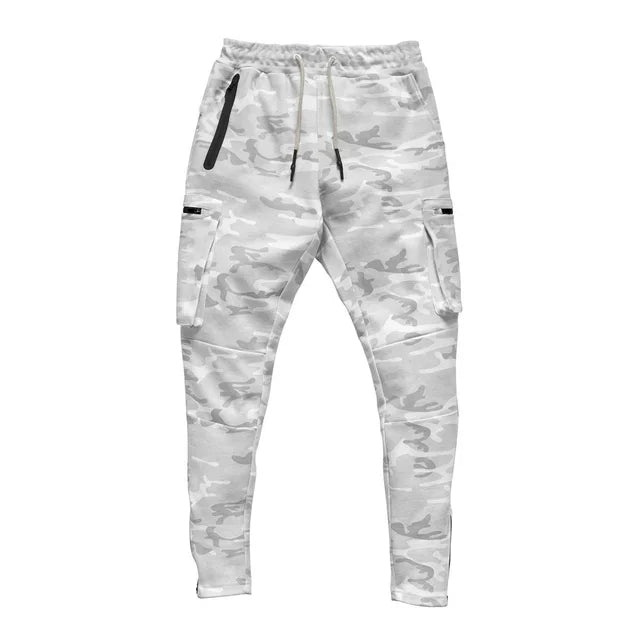 Black tactical cargo joggers with 4-way stretch, zip pockets, and military-inspired slim fit