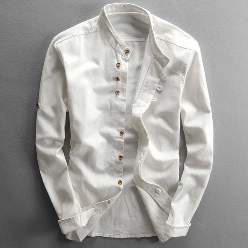Men's slim fit linen shirt, mandarin collar, breathable casual wear, button front, clean silhouette